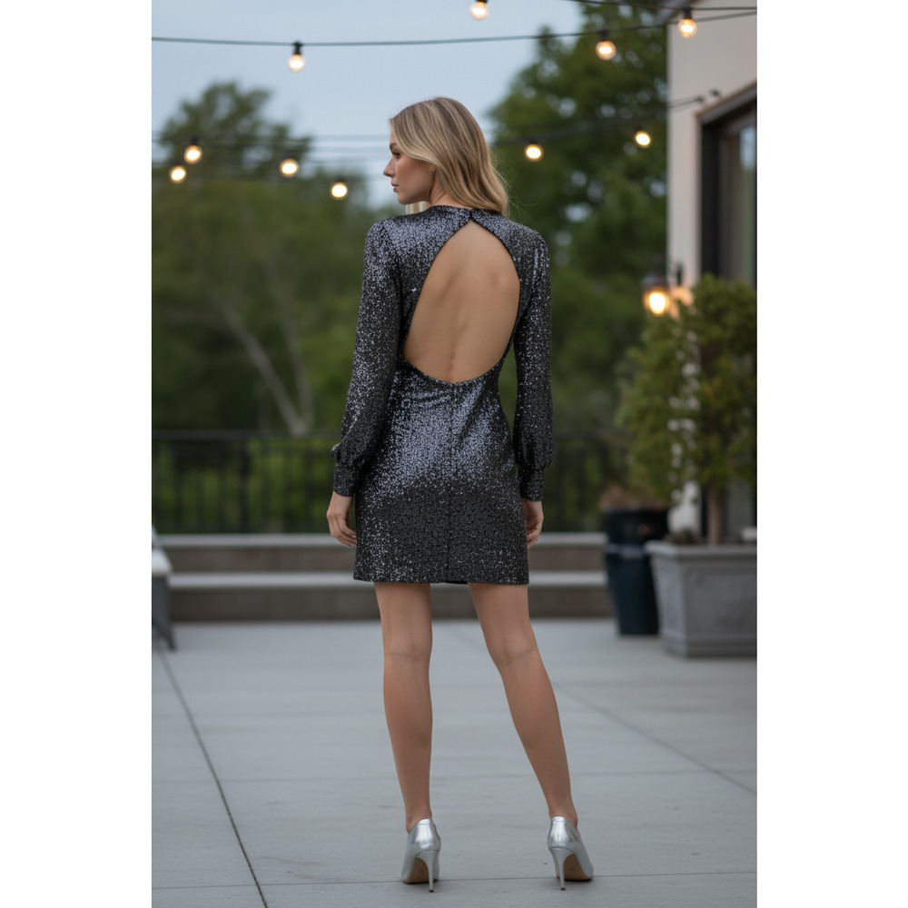 MAC DUGGAL Mini Dress Cocktail Size 2 Silver Charcoal NEW Open Back